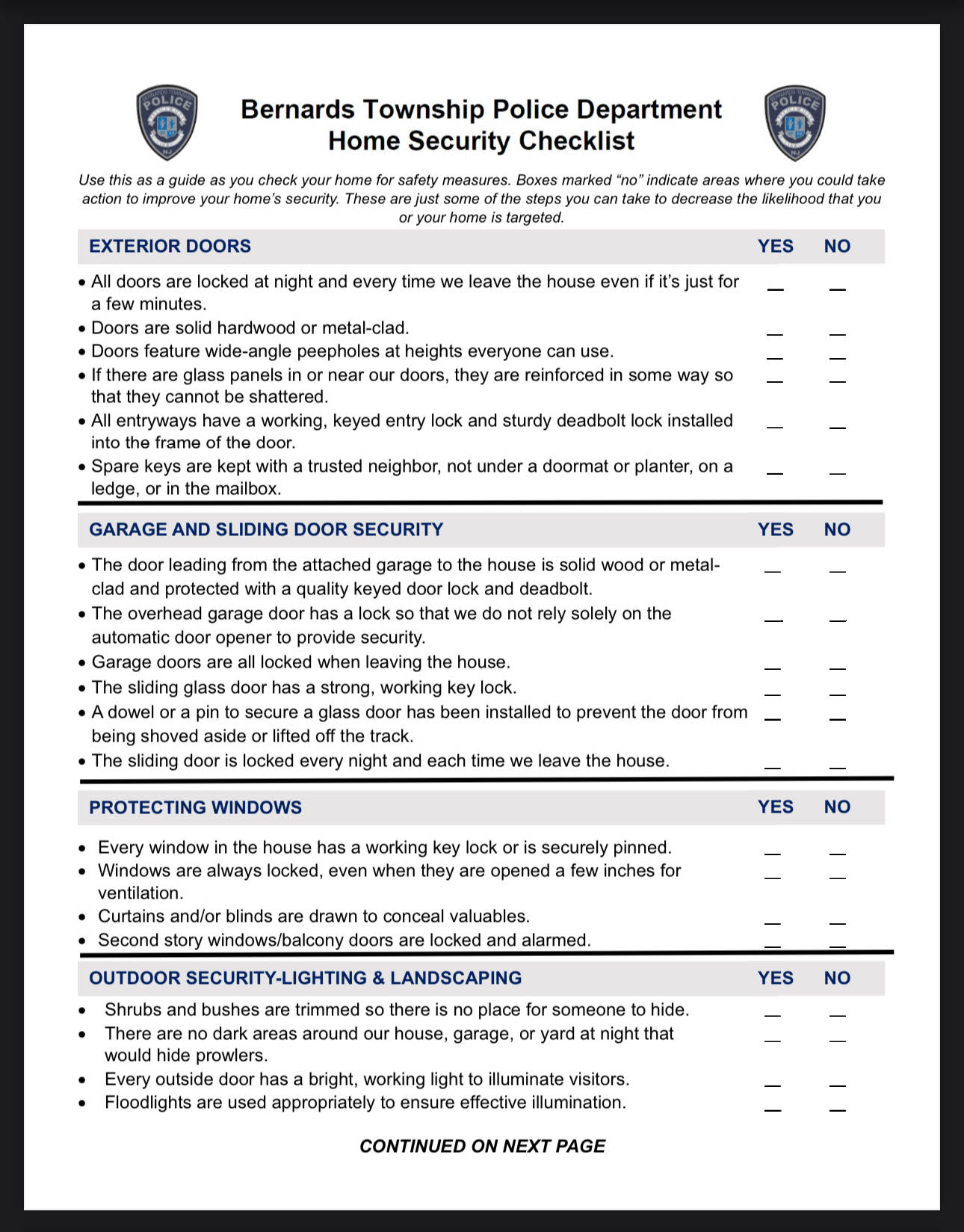 Bernards Township Police Department Home Security Checklist, page 1