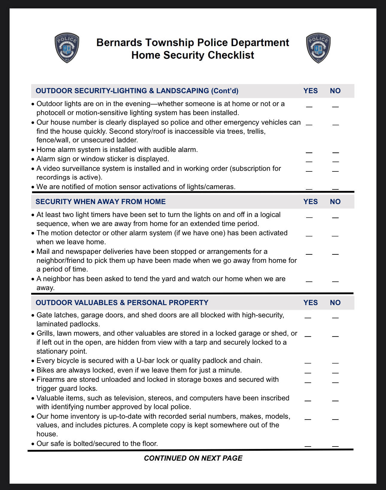 Bernards Township Police Department Home Security Checklist, page 2