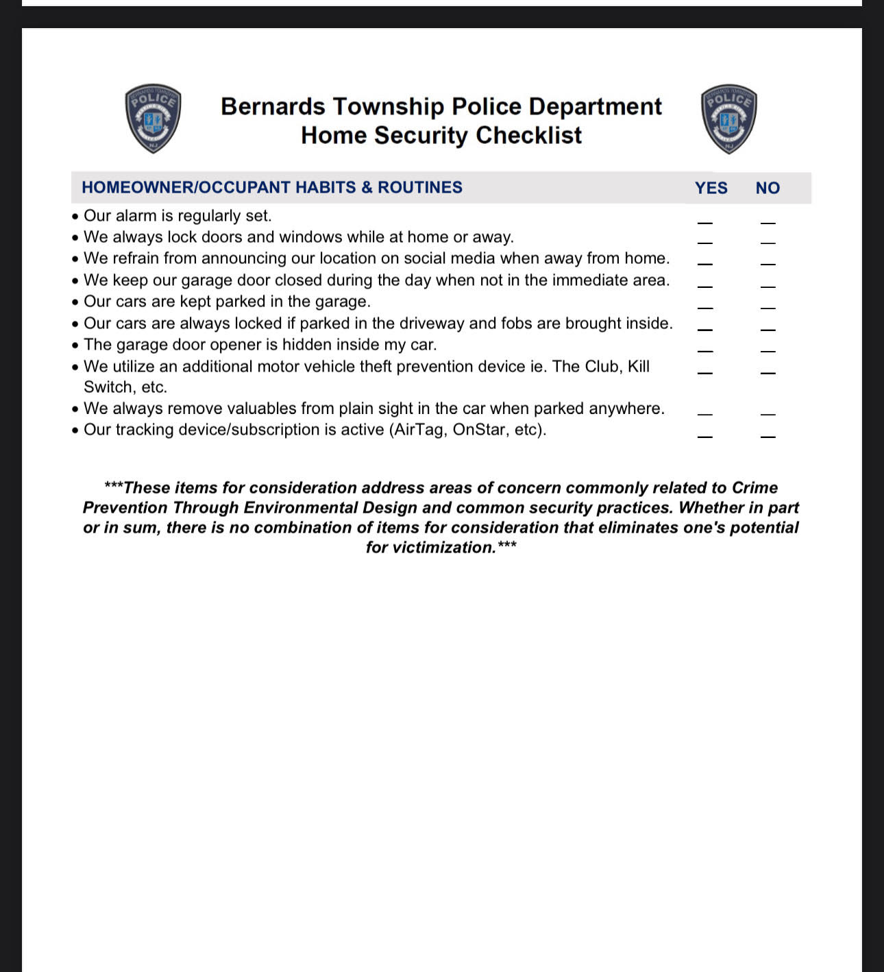 Bernards Township Police Department Home Security Checklist, page 3